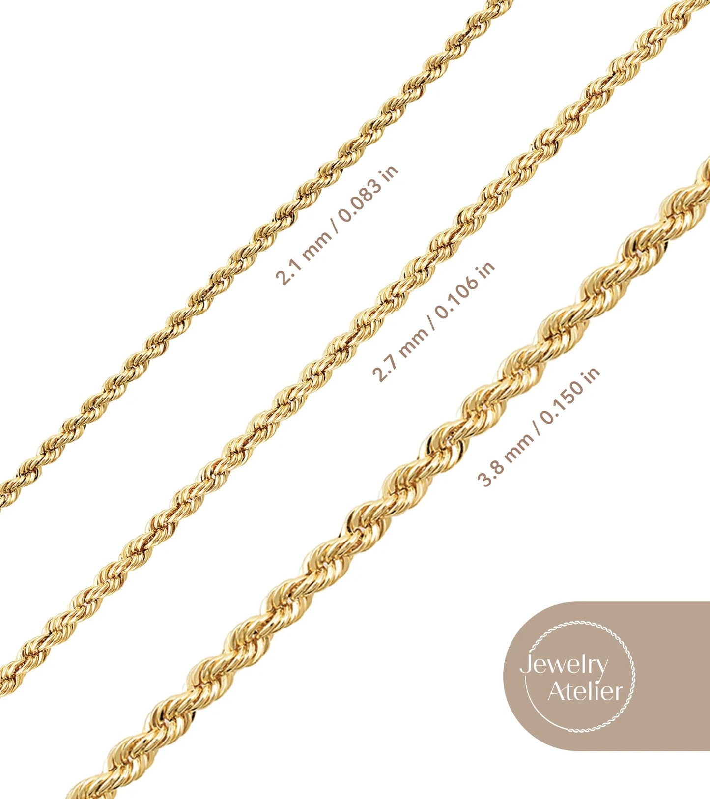 Gold Chain Necklace Collection - 14K Solid Yellow Gold Filled Rope Chain Necklaces for Women and Men with Different Sizes (2.1Mm, 2.7Mm, or 3.8Mm)