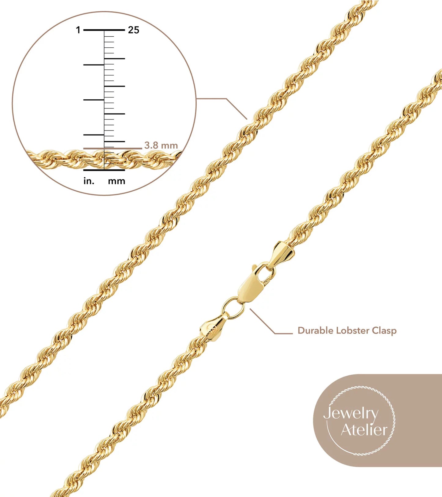 Gold Chain Necklace Collection - 14K Solid Yellow Gold Filled Rope Chain Necklaces for Women and Men with Different Sizes (2.1Mm, 2.7Mm, or 3.8Mm)