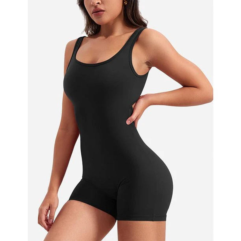 Women's Tummy Control V-Back Scrunch Butt Jumpsuit - Sleeveless Bodycon Yoga Workout Romper with Shorts